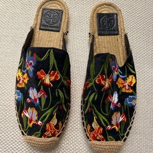 Tory Burch Black Canvas Floral Embroidered Espadrille Mules